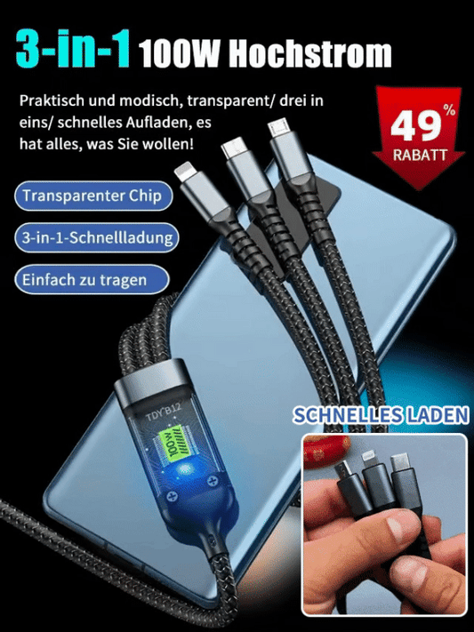 Transparent, bright 3-in-1 data cable with super-fast charging